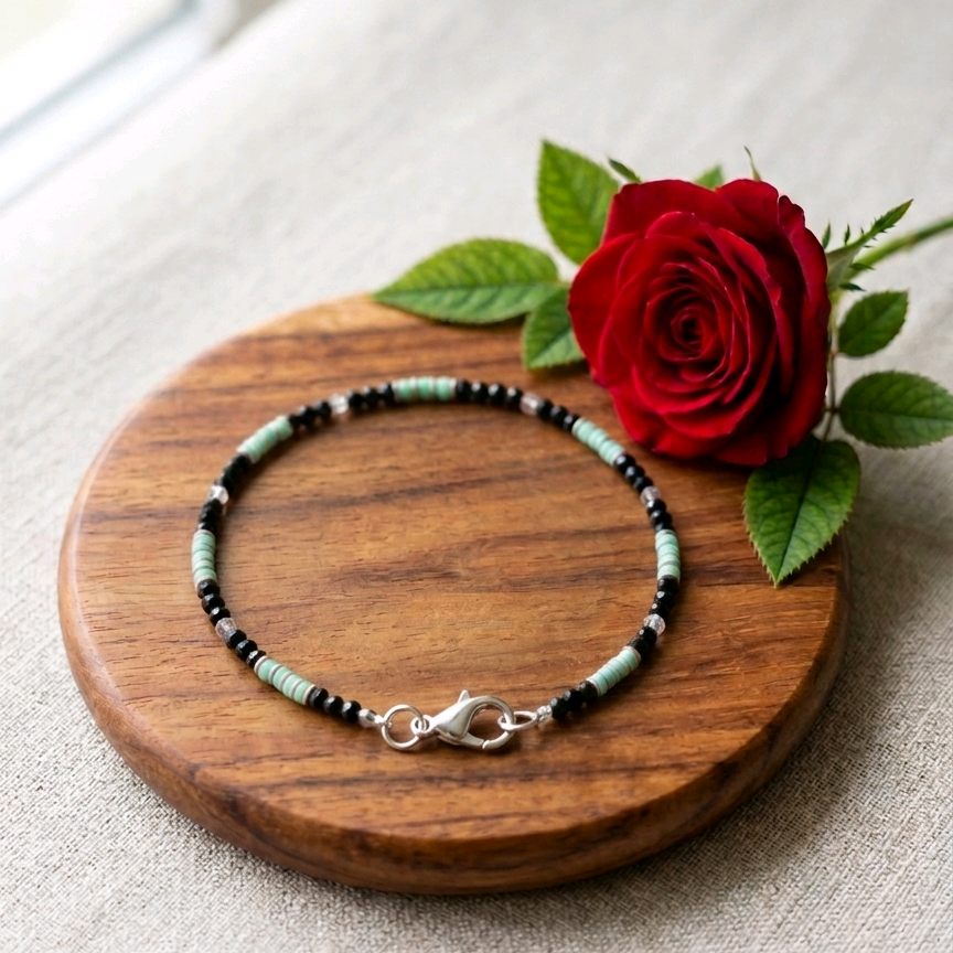 Turquoise Beaded Silver Anklet 